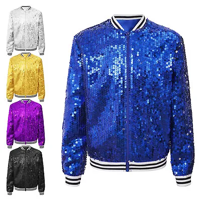 Buy Girls Sequin Baseball Jacket Long Sleeve Zip Up Bomber Jacket Glitter Disco Coat • 13.94£