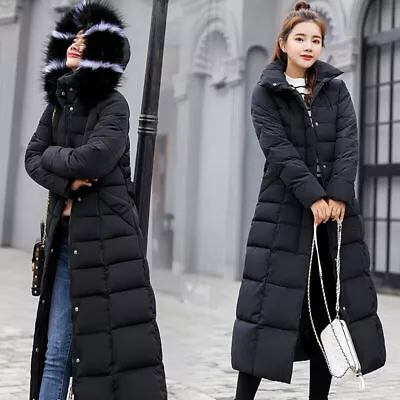 Buy Women Winter Fur Long Quilted Parka Warm Puffer Ladies Padded Hooded Jacket Coat • 29.99£