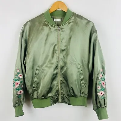 Buy Silky Green Floral Embroidered Bomber Baseball Vintage Style Jacket Size 10 • 10£