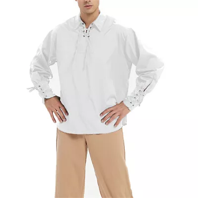 Buy Retro Men Lapel Neck Casual Pullover Mercenary T-Shirt Lace Up Wrist Solid Tops • 23.65£
