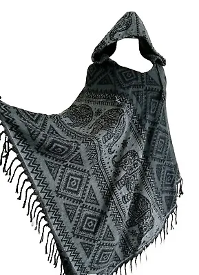 Buy Hooded Poncho Tribal Animal Print Wrap Cape Shawl Hoodie Jacket Grey One Size • 19.99£