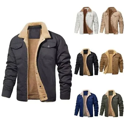 Buy Men Winter Coat 4 Pockets Lapel Collar Fleece Jacket Trucker Cotton Work Coat UK • 22.69£