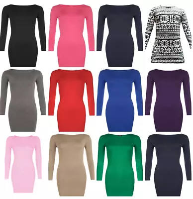 Buy Womens Ladies Long Sleeve Stretch Plain Scoop Neck T Shirt Top Assorted 8-26 • 7.19£