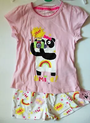 Buy Girls Short Sleeve / Leg Pyjamas With Panda, Camera And Rainbows Detail • 5.99£