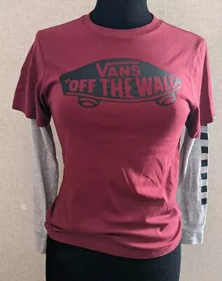 Buy Vans T-Shirt Small 8-10 Women Long Sleeve Burgundy Body Grey Check Arm VGC  • 4£