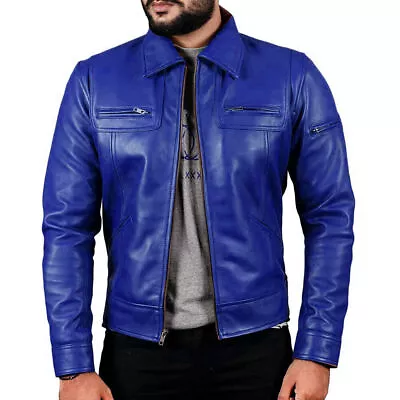 Buy Men's Royal Blue Leather Casual Biker Jacket Soft Motorcycle Genuine Biker Style • 89.99£