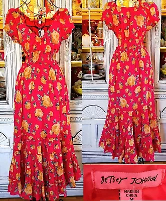 Buy Betsey Johnson Pink Yellow Rose Floral Cotton Smocked Long Tiered Maxi Dress Med • 120.08£
