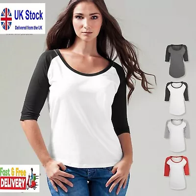 Buy Womens 3/4 Contrast Raglan Sleeves T-Shirt Scoop Neck Top Ladies Fit Sports Yoga • 7.99£