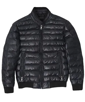 Buy Bomber Jacket Men's Real Lambskin Leather Puffer Jacket Quilted Down Black • 114£