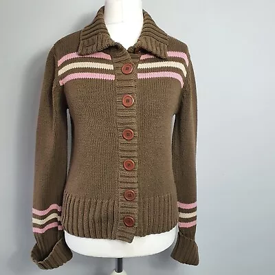 Buy WAREHOUSE Chunky Retro Cardigan Jacket Collar Striped Yoke Size UK 14 Brown Pink • 16.99£