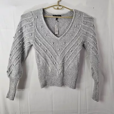 Buy White House Black Market Vneck Embroidered Puff Wool Knit Sweater Medium NEW NWT • 21.27£