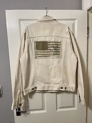 Buy Ralph Lauren Polo Jeans Denim Jacket Off White Cream USA Flag Distressed XL • 75£