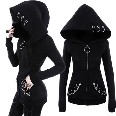 Buy Gothic Punk Women Hoodie Sweatshirt Long Sleeve Ring Hooded Zipper Jackets Tops • 12.59£
