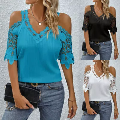 Buy Women Cold Shoulder Lace T-Shirt Ladies Summer V Neck Casual Loose Blouse Tops • 2.79£