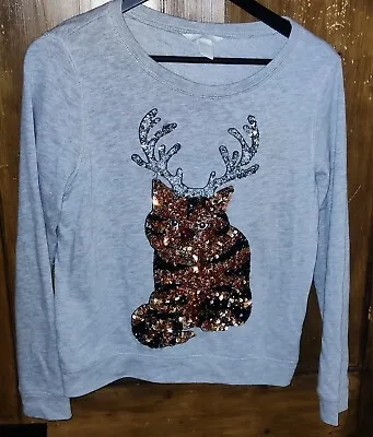 Buy Womens Teens H & M Christmas Jumper Cute Sequin Cat With Antlers! Xs 34/36 Inch • 4.99£