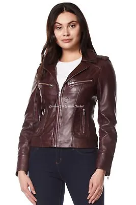 Buy Ladies Leather Jacket Cherry 100% REAL NAPA Biker Motorcycle Style Jacket 9823 • 119.75£