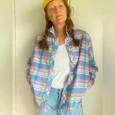 Buy 90s Plaid Jacket Pastels Button Up Long Sleeve Collared Blue Pink Medium Fit • 37.13£