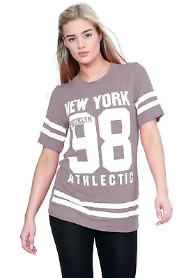 Buy Womens Oversized Varsity Top New York 98 American Stripe T-Shirt Baseball Top • 10.05£
