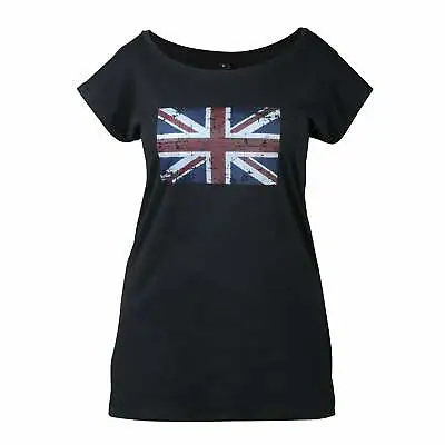 Buy Ladies Black T-Shirt With Distressed Metallic Union Jack.  Olympics - Eurovision • 7.99£