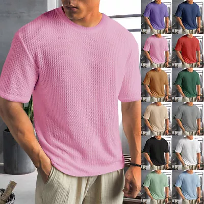 Buy Mens Waffle Ribbed Summer T Shirt Crew Neck Short Sleeve Casual Solid Basic Tops • 2.99£