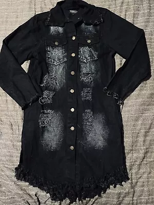 Buy Thrill Jeans Womens Small Black Long Distressed Button-Up Jean Jacket • 16.41£
