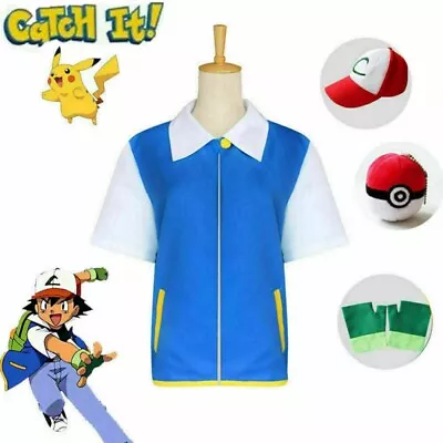 Buy 2023 Kids Pokemon Ash Ketchum Trainer Costume Cosplay Shirt Jacket+Gloves+Hat UK • 4.31£