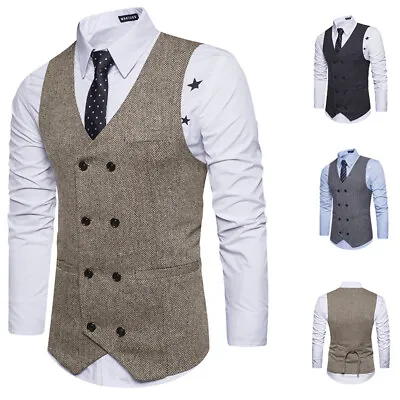 Buy Mens Classic Waistcoat Jacket Slim Fit Formal Vest Herringbone Tweed Coat • 14.35£