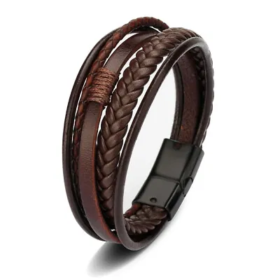 Buy Genuine Leather Braided Multi-Layer Bracelet With Stainless Steel Closure Clasp • 7.95£