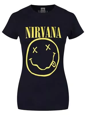 Buy Nirvana T-shirt Yellow Smiley Navy Blue Women's Black • 16.99£