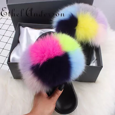 Buy Real Fox Fur Slippers Slides Shoes Women Plush Fuzzy Sandals Fluffy Flip Flops • 23.99£