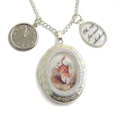 Buy Alice In Wonderland Necklace Locket The White Rabbit Charm Silver Fairytale  • 25.99£
