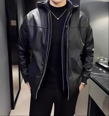 Buy Men Black Hooded Bomber Real Leather Jacket With Free Shipping • 56.39£