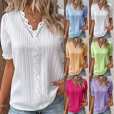 Buy Womens V Neck T-Shirt Blouse Ladies Summer Short Sleeve Tops Pullover Plus Size • 8.88£