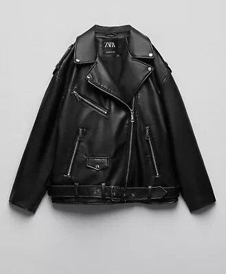 Buy Zara Black Oversized Faux Leather Biker Jacket - Size L • 38£