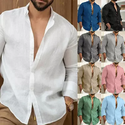 Buy Mens Solid Beach Shirts Summer Button Casual Loose Long Sleeve Shirt Blouse Tops • 3.89£