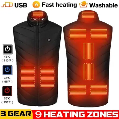 Buy USB Men Electric Heated Vest Jacket 9 Zone Warm Up Heating Pad Cloth Body Warmer • 12.21£
