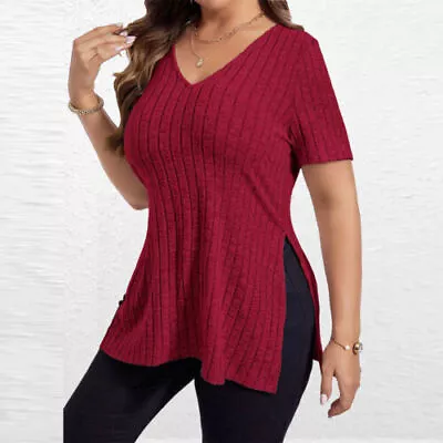 Buy Womens V-Neck Split T Shirt Ladies Loose Pullover Solid Casual Short Sleeve Top • 12.39£