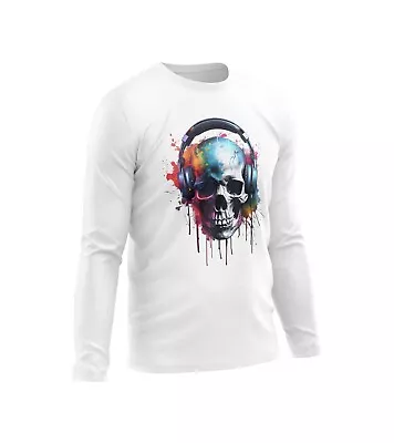 Buy Skull Headphones T-Shirt Long Sleeve Music DJ Muso Club Audio Gift Mens Top Tee • 11.99£