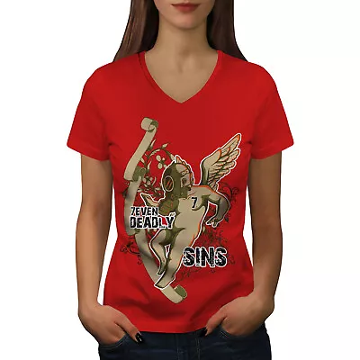 Buy Wellcoda Deadly Sins Angel Horror Womens V-Neck T-shirt, Mask Graphic Design Tee • 15.99£