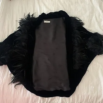 Buy Lulu Guinness Bolero Shrug Jacket Black Velvet With Ostrich Feathers Couture M • 95.75£