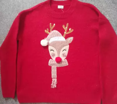Buy Girls Christmas Jumper Age 12-13 Pom-pom Nose & Bobble Hat Red Sparkle Knit • 5.99£