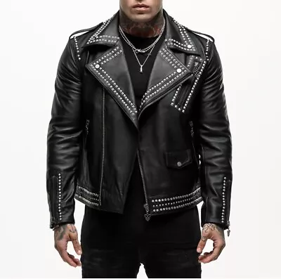 Buy Mens Black Cow Leather Jackets Studded Style • 74.99£