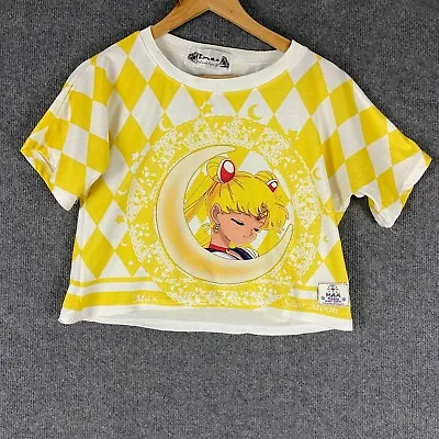 Buy Sailor Moon Shirt Womens Large Yellow White Cropped All Over Graphics Vintage • 17.68£