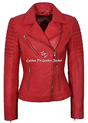 Buy Ladies Leather Jacket Red Fashion Designer Biker Style 100% NAPA JACKET (9334) • 119.75£
