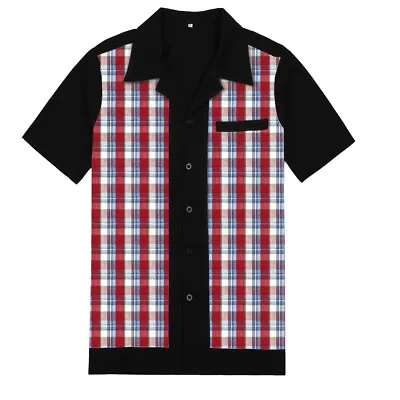 Buy Mens Retro Plaid Shirt Short Sleeve Cotton Rockabilly Bowling Mens Clothes • 17.87£