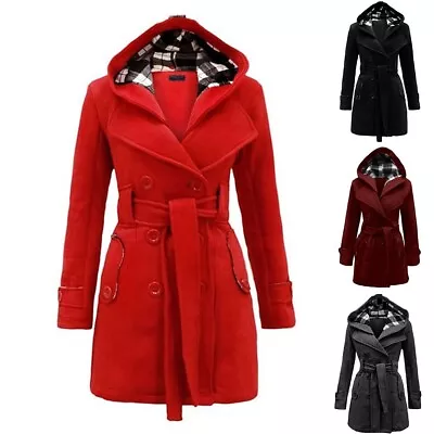 Buy Stylish Women's Winter Double Breasted Coat With Belted Long Hooded Warm Jacket • 28.76£