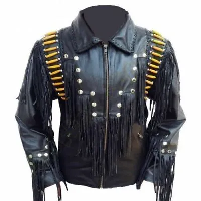 Buy Men Western Wear Black Cowhide Leather Jacket Fringe Beaded Native American Coat • 139.99£