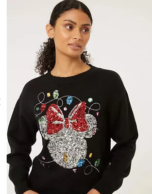 Buy Ladies/ Girls Disney Mini Mouse Black Sequin Christmas  Jumper XL Uk 20/22 BNWT • 24.99£
