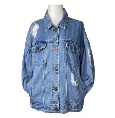Buy Forever 21 Denim Jacket Womens Medium Blue Distressed Oversized Pockets Casual • 28.41£