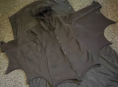 Buy Gothic Alternative Black Bat Fleece Zip Up Jacket - Cape - Furry Trim And Ears • 12£